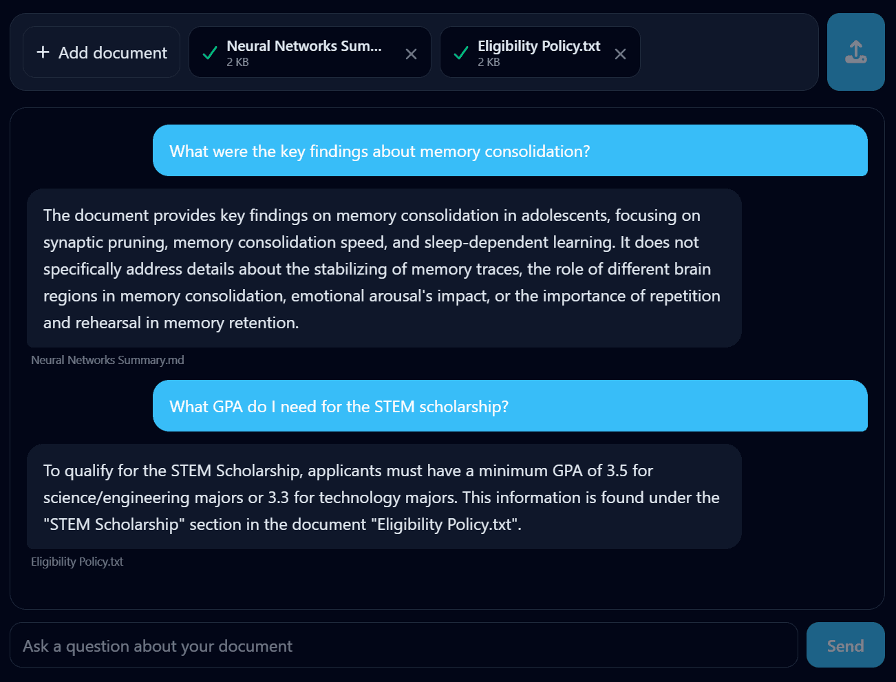 Screenshot of AskDocuMind answering a question about an uploaded document