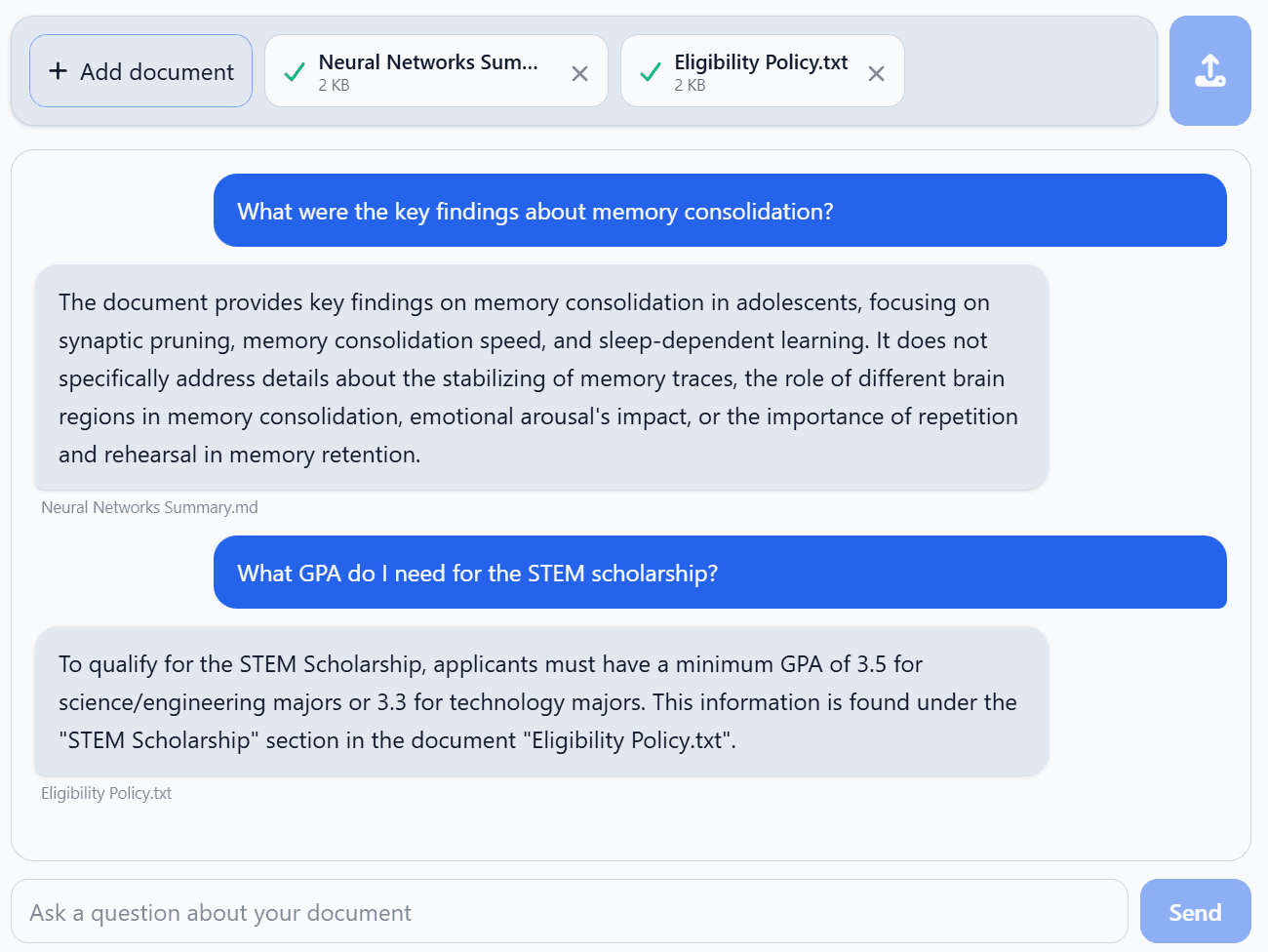 Screenshot of AskDocuMind answering a question about an uploaded document